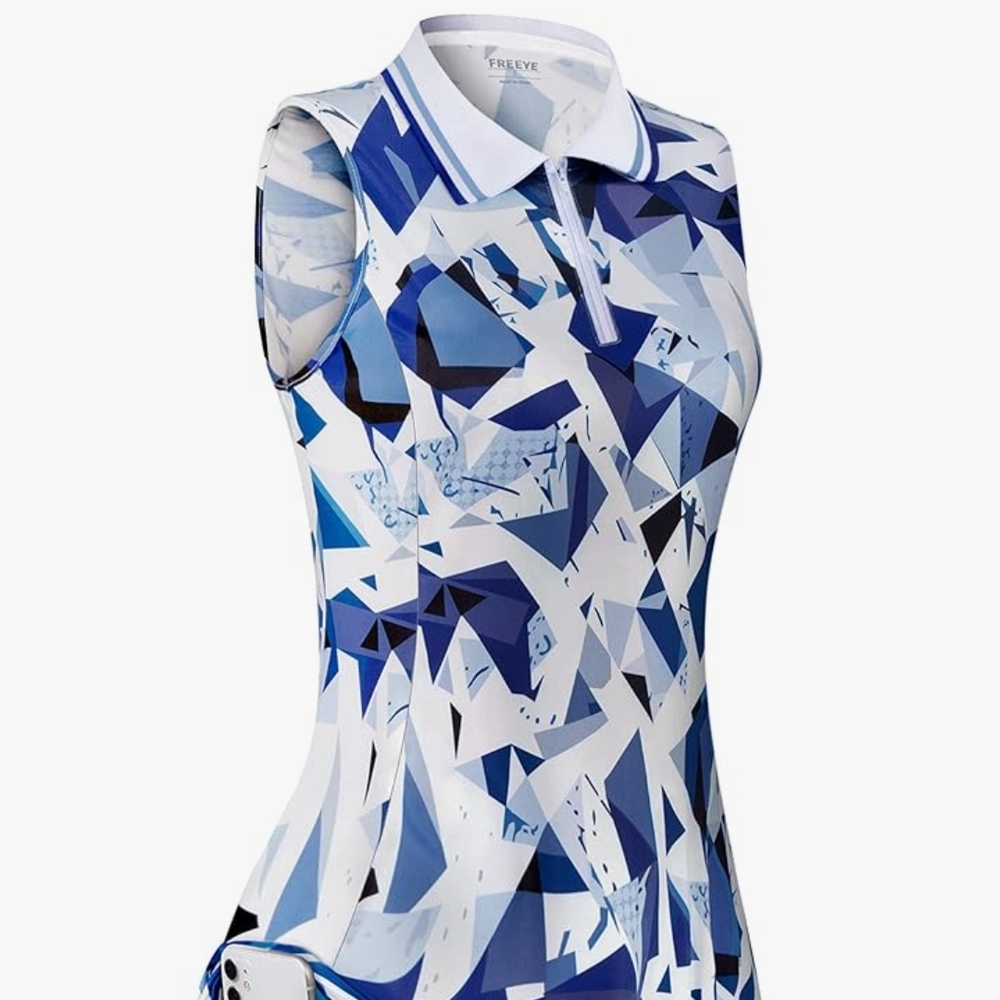 FreeyeWomens Sleeveless Geometric Blue Tennis Golf Dress and Shorts with Pockets